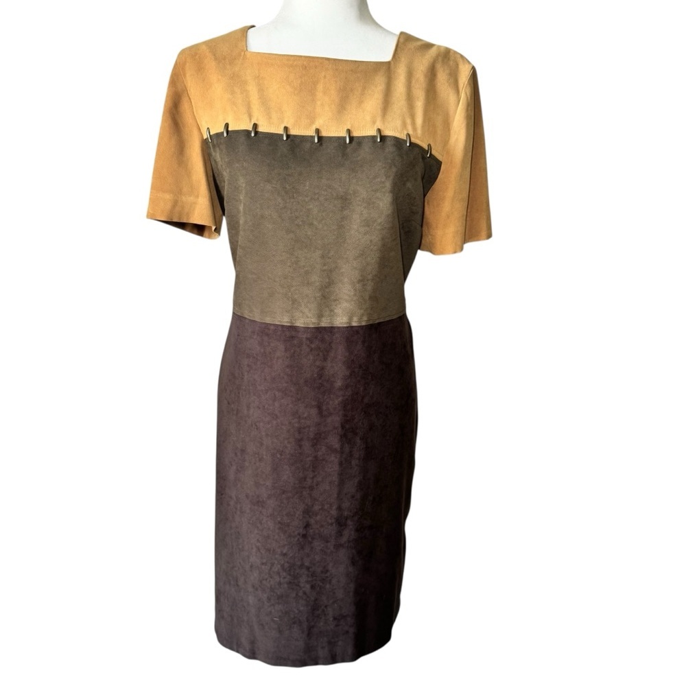 Vintage Sag Harbor Colorblock Dress Brown Faux Suede Fall 90s Short Sleeve 10 - Picture 1 of 9